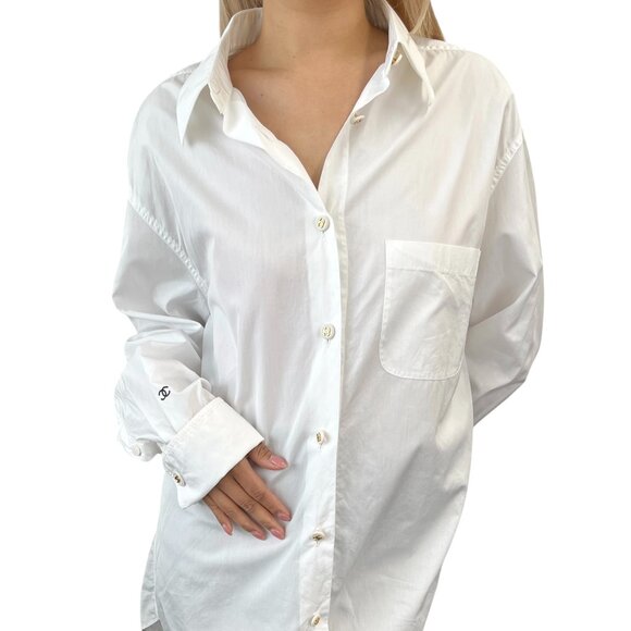CHANEL Vintage P05860 CC Logo Shirt Top Button Up White Gold Cotton [106302] - Picture 1 of 11